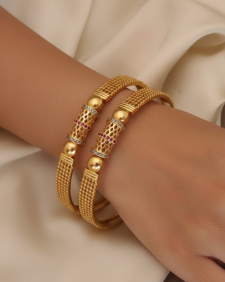 Stylish Gold Plated Fancy 2 Pcs Bangles with And Ruby Stones For Women