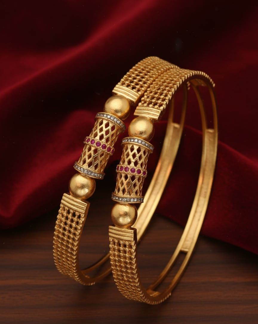 Stylish Gold Plated Fancy 2 Pcs Bangles with And Ruby Stones For Women