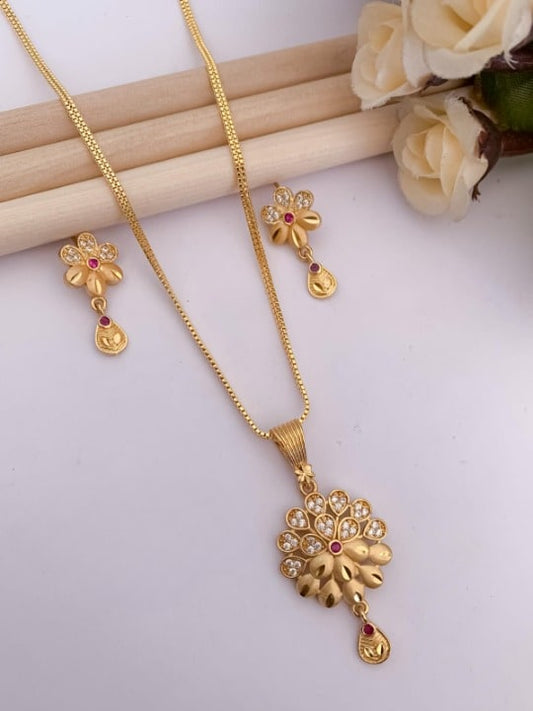 Micro Gold Plated And Diamond Studded Fancy Flower Pendant Set with Forming Chain For Women