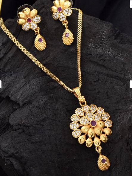 Micro Gold Plated And Diamond Studded Fancy Flower Pendant Set with Forming Chain For Women
