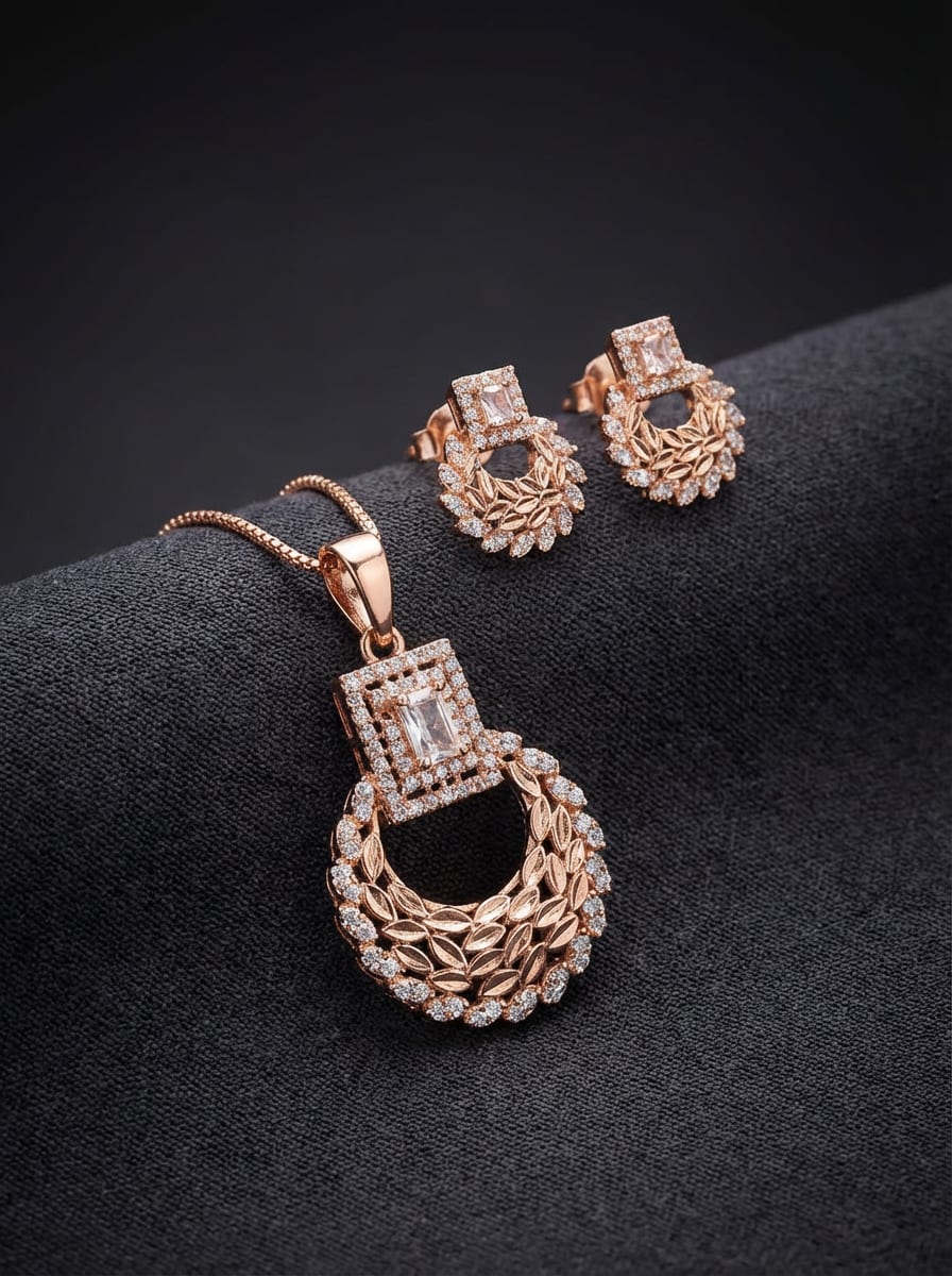 Rose Gold Plated And Diamond Studded Fancy Leaf Design Pendant Set