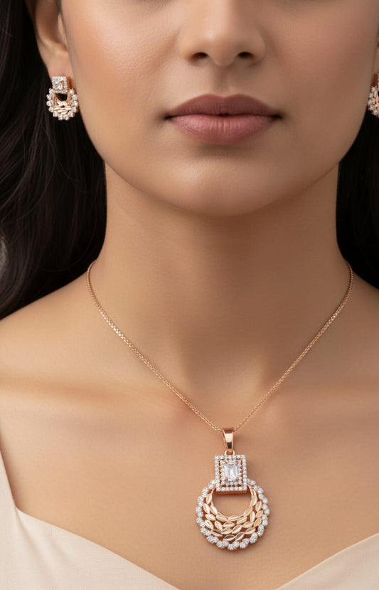 Rose Gold Plated And Diamond Studded Fancy Leaf Design Pendant Set