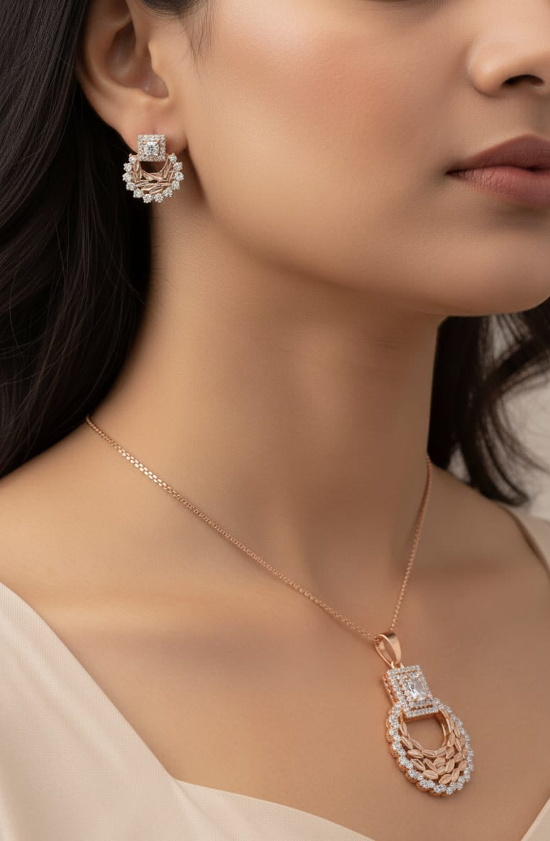 Rose Gold Plated And Diamond Studded Fancy Leaf Design Pendant Set