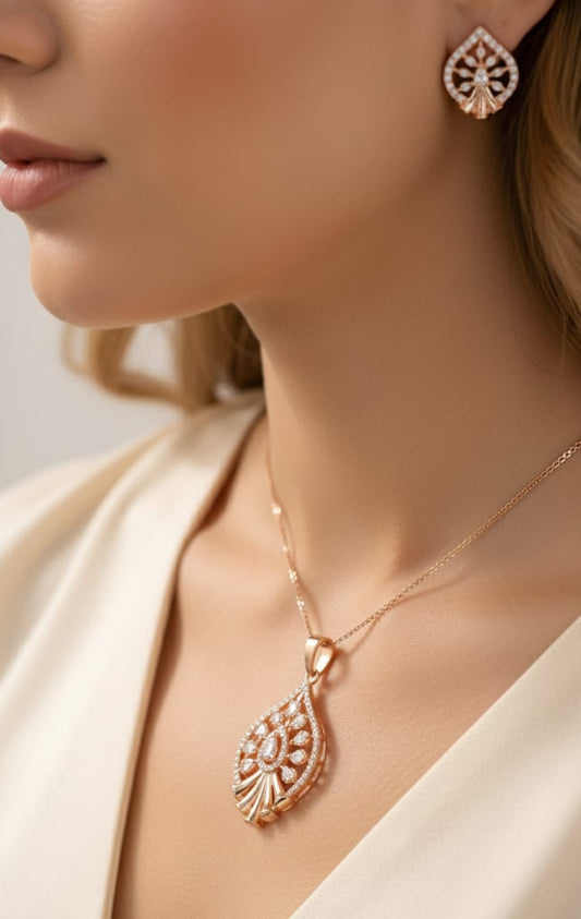 Rose Gold Plated And Diamond Studded Fancy Leaf Shape Pendant Set with Short Chain
