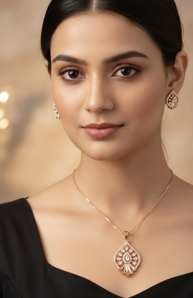 Rose Gold Plated And Diamond Studded Fancy Leaf Shape Pendant Set with Short Chain