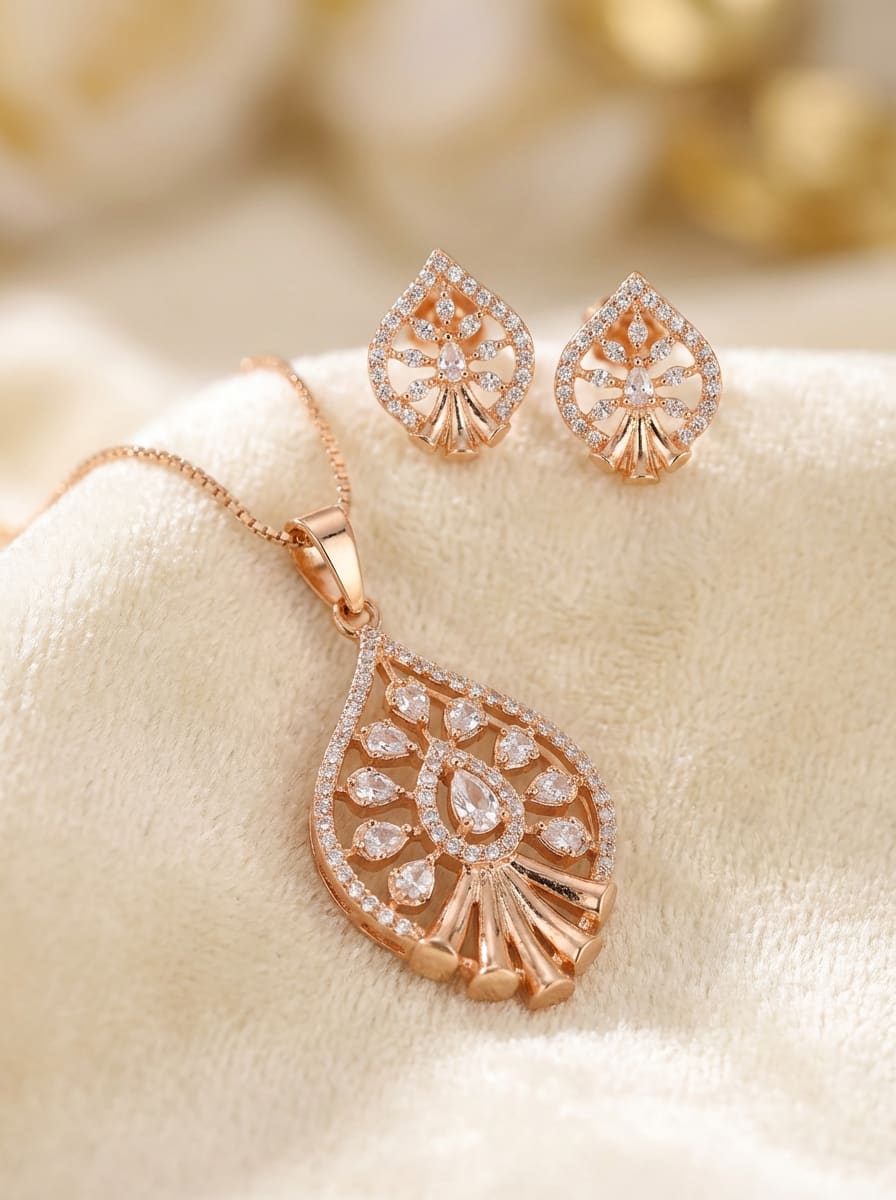 Rose Gold Plated And Diamond Studded Fancy Leaf Shape Pendant Set with Short Chain