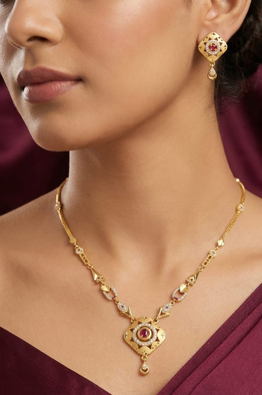 Micro Gold Plated And Diamond Studded Forming Square Necklace with Earrings For Women