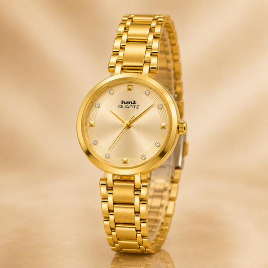 HMT Quartz Elegant Gold-Tone Women's Analog Watch with Crystal Accents