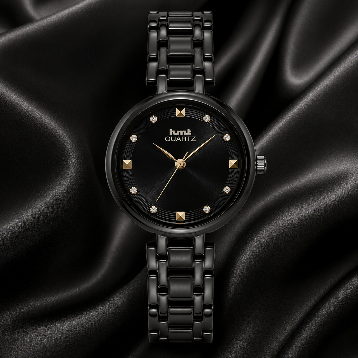 HMT Quartz Sleek All-Black Anti-tarnish Analog Watch for women with Crystal Accents