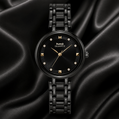 HMT Quartz Sleek All-Black Anti-tarnish Analog Watch for women with Crystal Accents