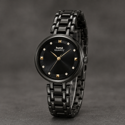 HMT Quartz Sleek All-Black Anti-tarnish Analog Watch for women with Crystal Accents