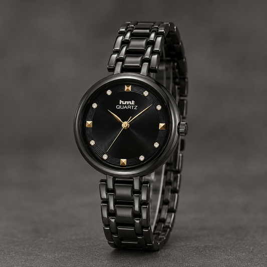HMT Quartz Sleek All-Black Women's Analog Watch with Crystal Accents