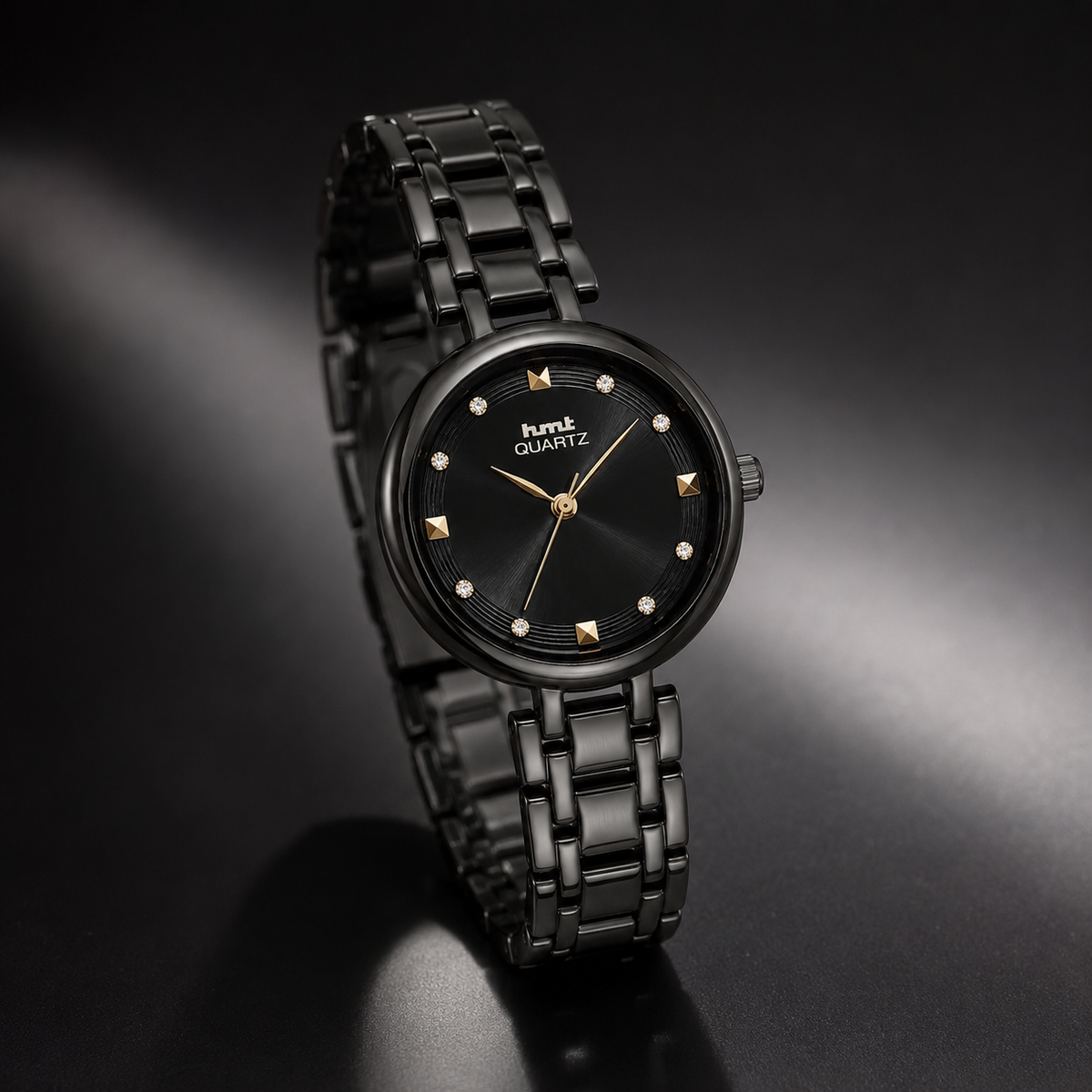 HMT Quartz Sleek All-Black Anti-tarnish Analog Watch for women with Crystal Accents