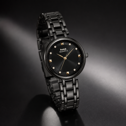 HMT Quartz Sleek All-Black Anti-tarnish Analog Watch for women with Crystal Accents