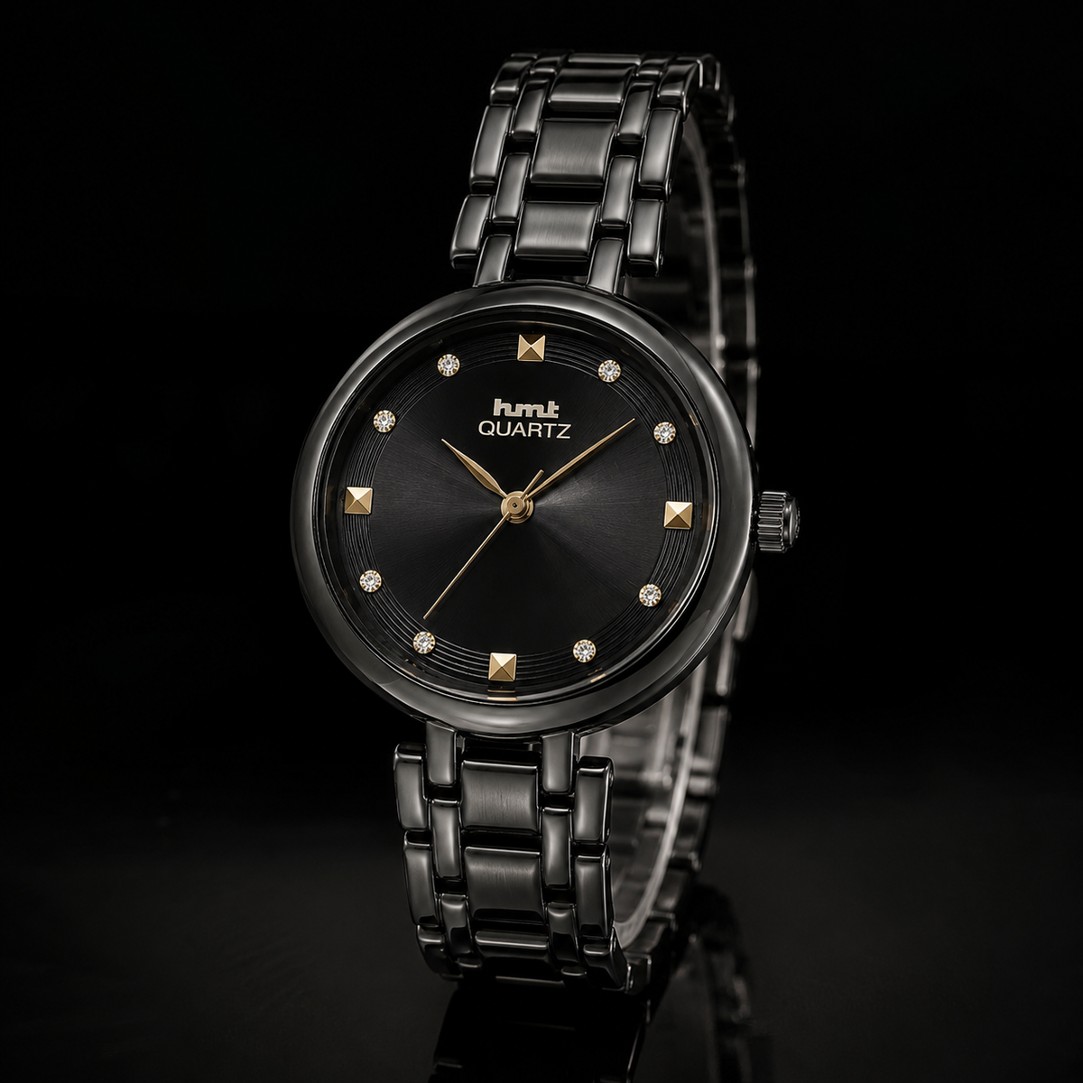 HMT Quartz Sleek All-Black Anti-tarnish Analog Watch for women with Crystal Accents