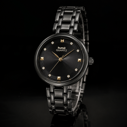HMT Quartz Sleek All-Black Anti-tarnish Analog Watch for women with Crystal Accents